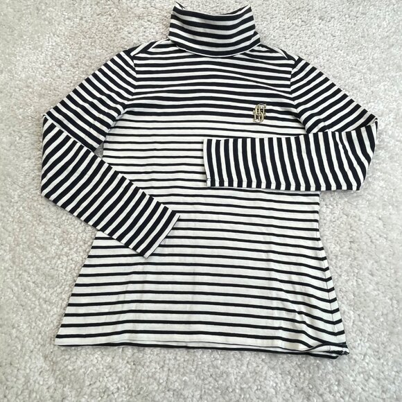 Caroline Herrera Navy Blue Ivory Stripe Embroidery Logo Turtleneck FLAW - Picture 1 of 7